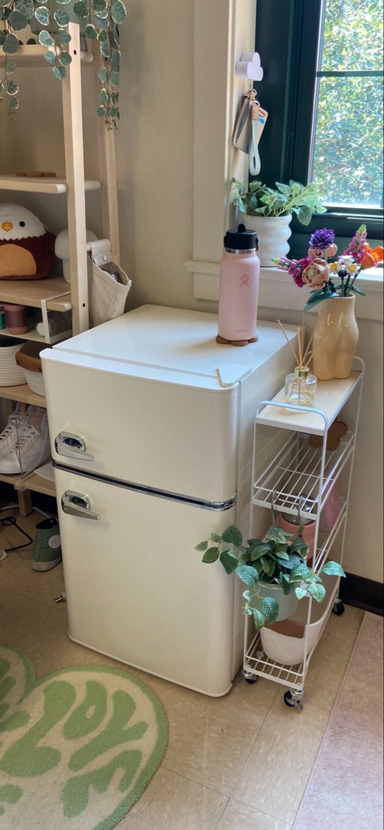 a white refrigerator freezer sitting inside of a kitchen next to a potted plant