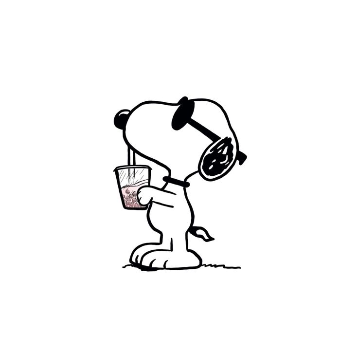 a black and white drawing of a dog holding a drink in it's mouth