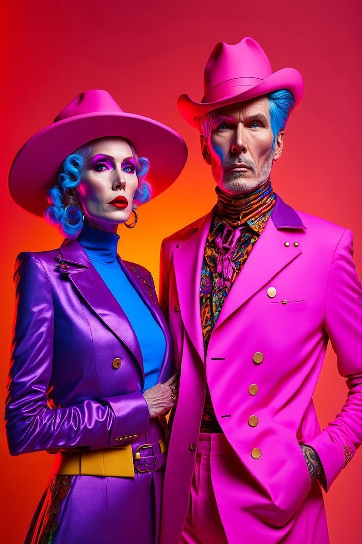 a man and woman dressed in colorful clothing