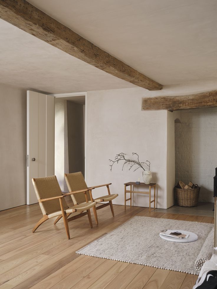 a living room with two chairs and a rug in front of the fire place on the floor