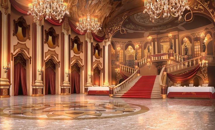 an ornately decorated ballroom with chandeliers and red carpeted stairs leading up to the second floor