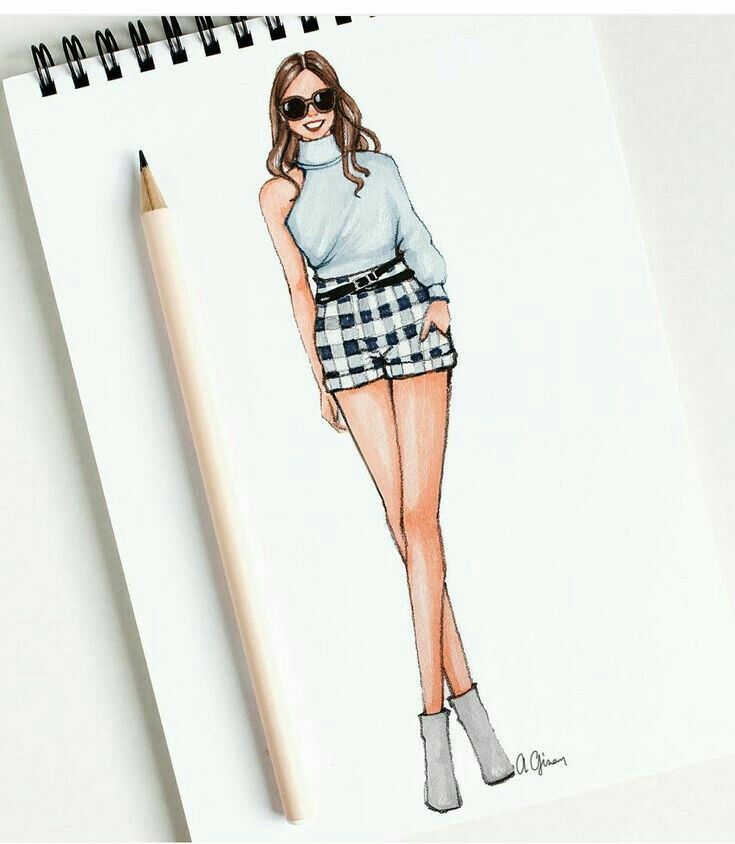 a drawing of a woman in plaid shorts and boots with a butterfly on the side