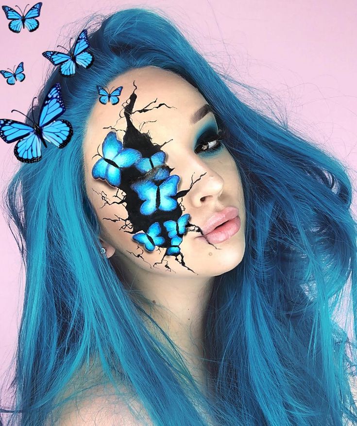 Halloween Makeup Butterfly, Halloween Butterfly Makeup, Sfx Makeup Ideas, Unique Halloween Makeup, Skeleton Mermaid, Maquillage Yeux Cut Crease, Butterfly Makeup, Cute Halloween Makeup, Cool Halloween Makeup