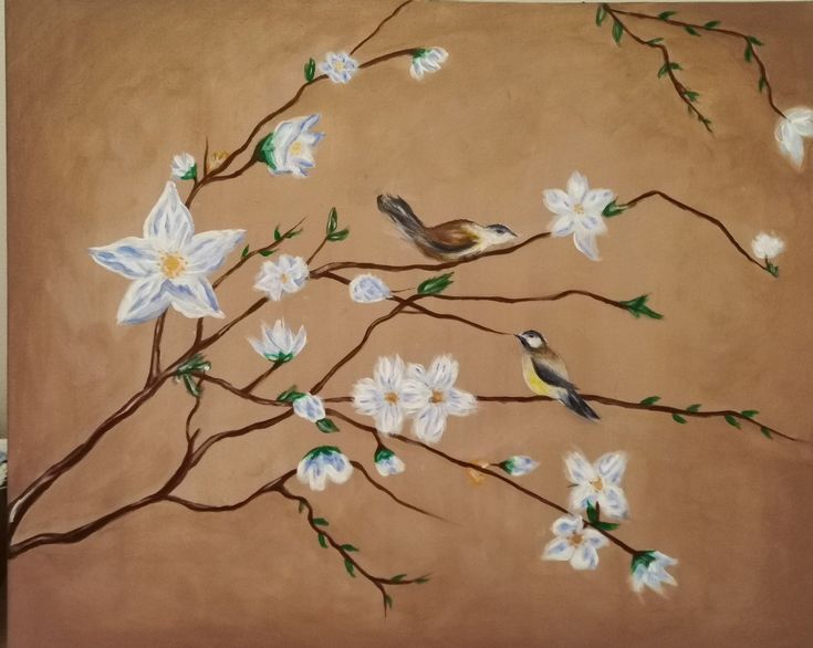 a painting of two birds on a branch with white flowers