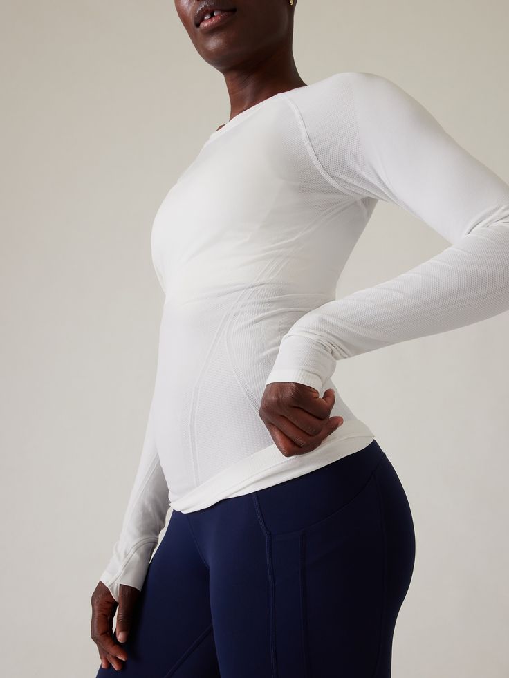 FOR: Medium to high-impact workouts at the gym, studio or outdoors FEEL: Seamless construction for maximum comfort and minimal chafing FAVE: Grippers at inner hem to prevent it riding up Thumbholes hold sleeves in place and keep warmth in Fitted next to body, hip length Body length in size medium: Regular: 25.75" Plus: 26". Workouts At The Gym, Gym Studio, Base Layer Women, Sweaty Workouts, Seamless Top, Layered Long Sleeve, Long Sleeve Workout, Running Leggings, Stretch Top