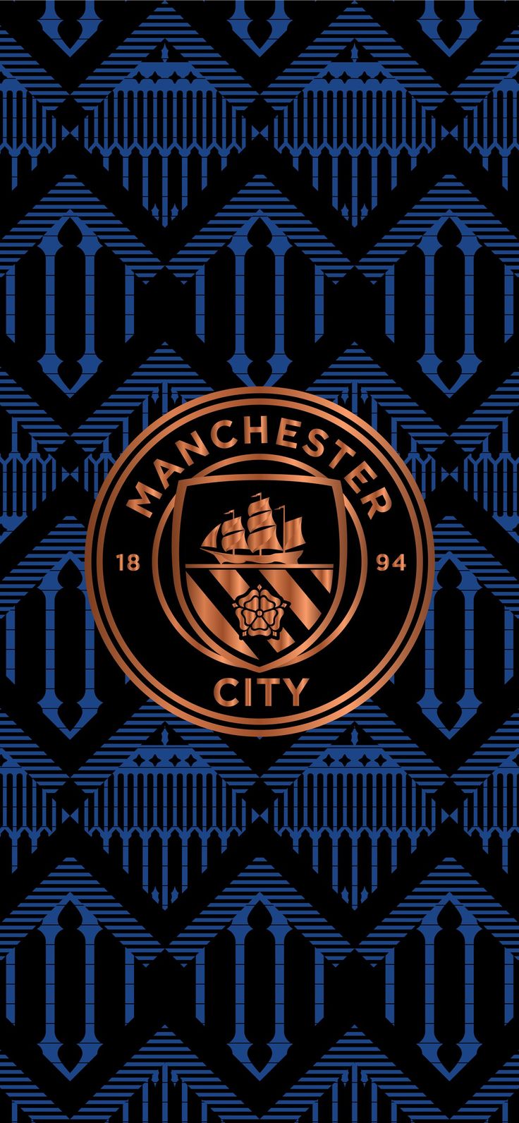 the manchester city logo on a black and blue wallpaper with geometric shapes behind it