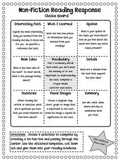 the non - fiction reading response worksheet is shown in black and white with an arrow