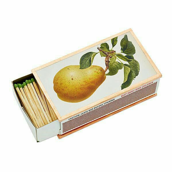 an open box of matches with pears on it