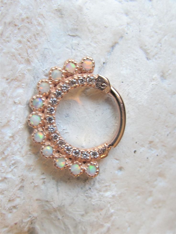 14k Solid Rose Gold Daith Opal cz's Clicker Ring..16g..8mm | Etsy Elegant Rose Gold Septum Ring For Wedding, Rose Gold Round Jeweled Jewelry, Rose Gold Jeweled Round Jewelry, Ladies Night Outfit, Piercings Earrings, Daith Piercing, Piercings And Tattoos, Nose Rings Studs, Septum Piercing