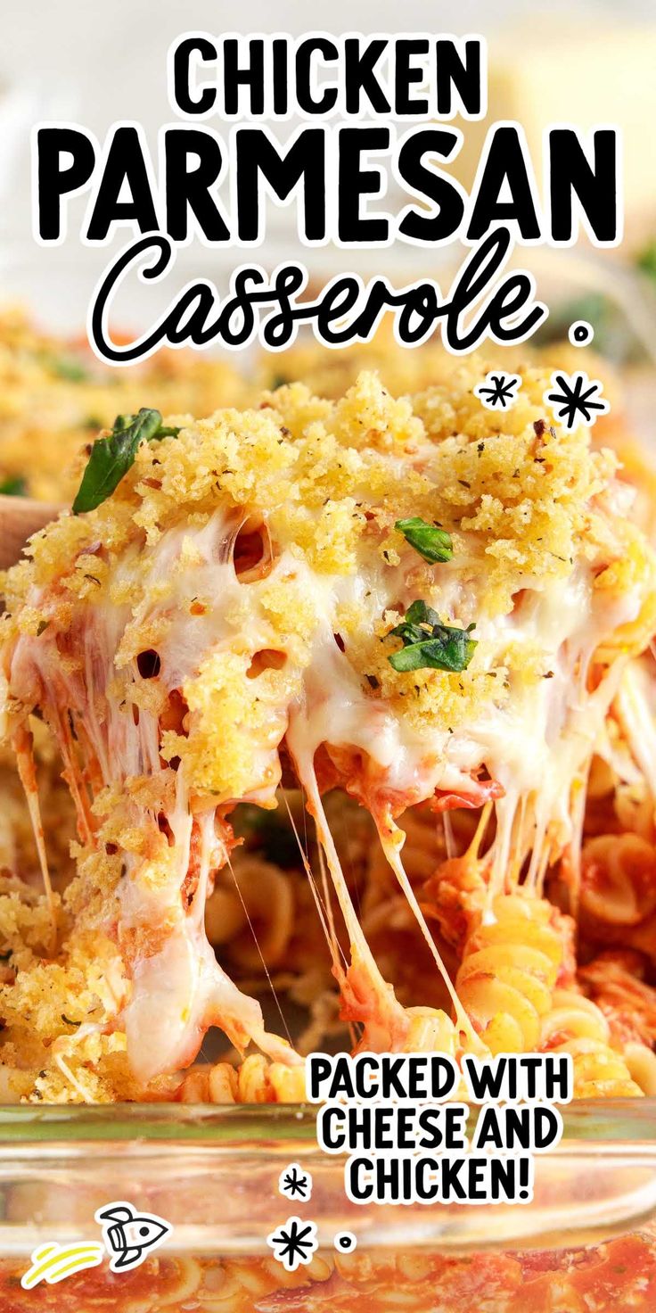 the chicken parmesan casserole is loaded with cheese and chicken