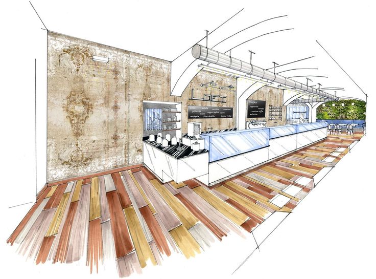 an artistic rendering of a restaurant with wood flooring