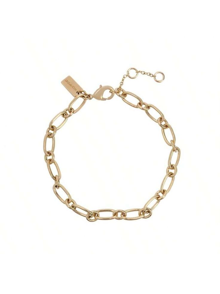 Chain link gold-tone starter bracelet. Wear as is, or mix and match with other Coach charms to create a personalized look that's uniquely you. Includes bracelet only, charms not included. Includes a COACH gift box. 
Set in gold-tone Metal 
Approx. Length: 7" + 1" extender 
Lobster Clasp closure 
Includes a COACH gift box 
This item purchased online must be returned to the vendor by mail only. This item cannot be returned to Macy's stores. 
metal 
Wipe clean 
Imported 
Photo may have been enlarge Gold Jewelry With Charms And Rectangular Links, Everyday Oval Link Brass Chain Bracelet, Everyday Brass Oval Link Chain Bracelet, Everyday Brass Chain Bracelet With Oval Links, Classic Charm Bracelet With Lobster Clasp For Everyday, Gold-tone Chain Link Charm Bracelet, Metal Charm Bracelet With Rectangular Links, Gold-tone Brass Charm Bracelet With Lobster Clasp, Gold-tone Metal Chain Link Charm Bracelet