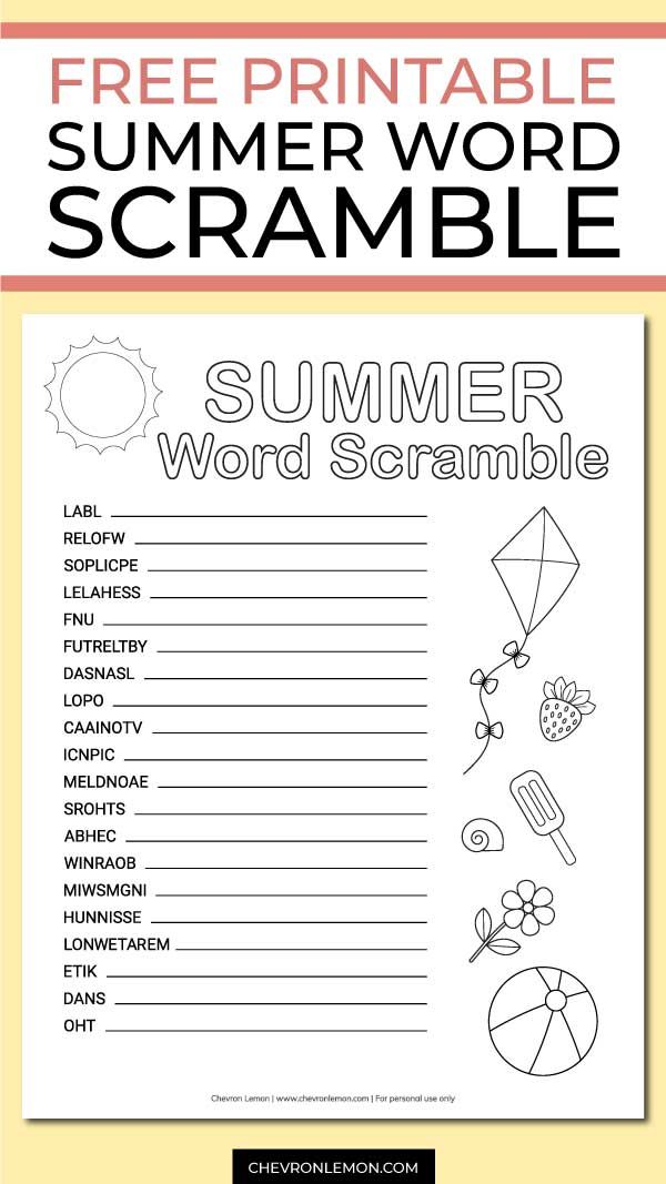 a printable summer word scramble for kids to practice their handwriting and writing skills on