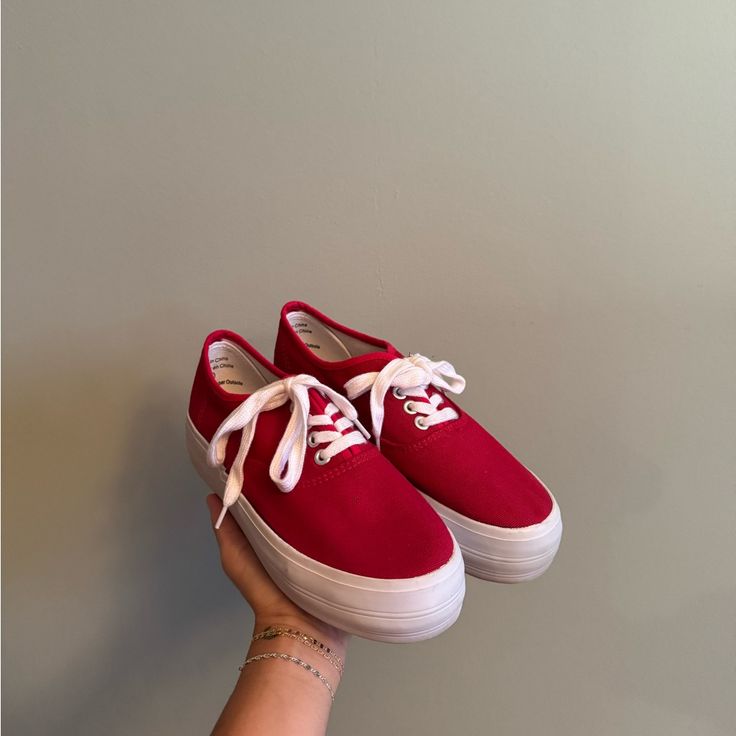 Red And White Keds-Style Bdg Platform Canvas Sneakers. Brand New, Never Worn. One Small Grey Spot On The Shoe That Was There When I Bought Them. Super Comfy! #Redsneakers #Platforms #Urbanoutfitters #Bdg #Keds White Keds, Keds Style, White Platform, Red Sneakers, Canvas Sneakers, Keds, Cute Shoes, Spot On, Womens Shoes Sneakers