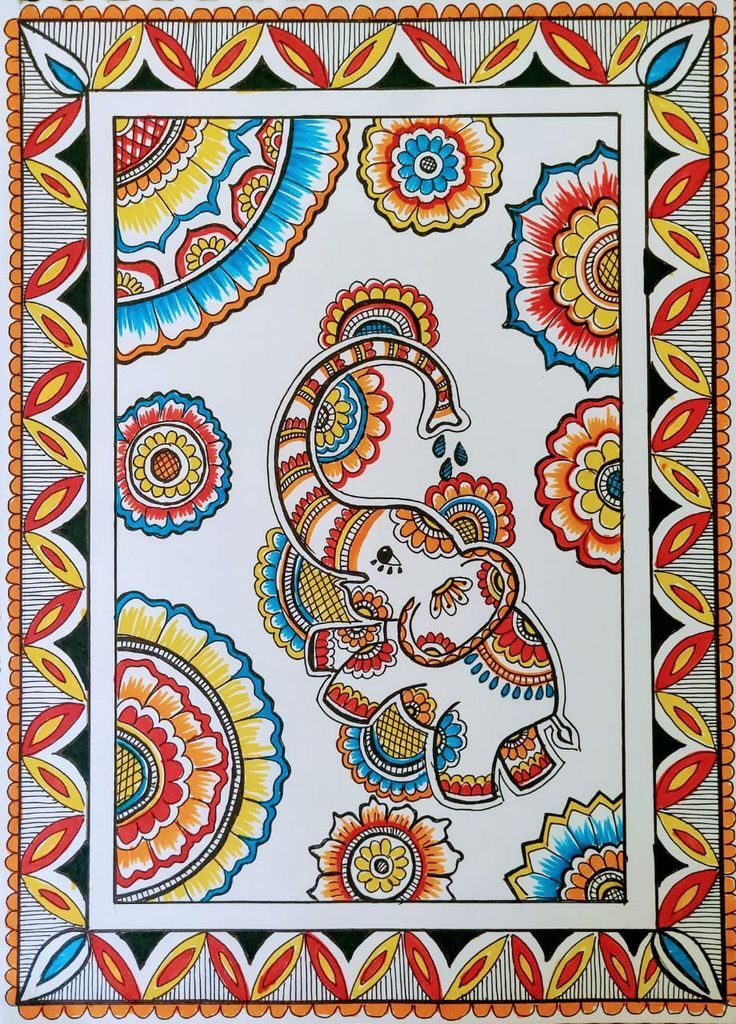 an intricately designed painting on white paper with colorful flowers and paisleys in the background