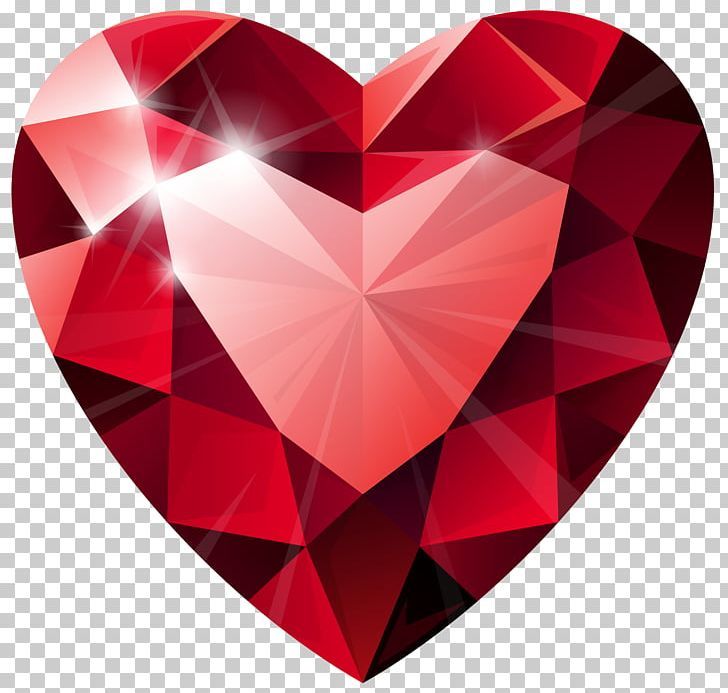 a red heart shaped diamond on a transparent background, with light shining in the middle