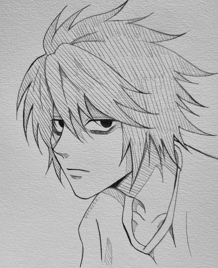 a pencil drawing of a boy with short hair and eyes, looking to the side