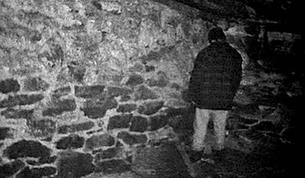 a man standing in front of a stone wall with his back turned to the camera