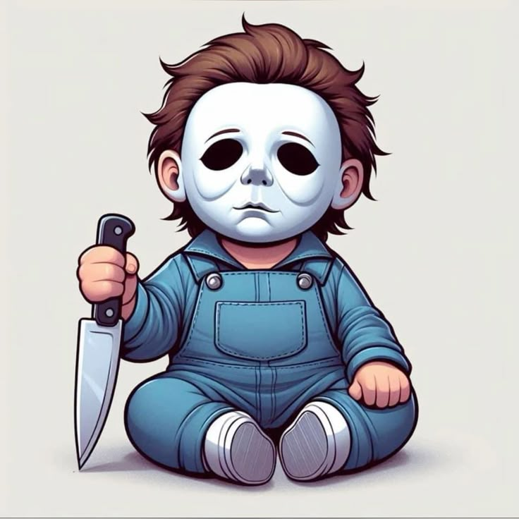 a little kid with a creepy mask holding a knife in one hand and wearing overalls