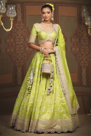 Dark lemon green attached cancan lehenga with checkered, floral woven motifs and gota, dori, badla embroidered border. Paired with neckline embroidered padded blouse and scallop embroidered dupatta. - Aza Fashions Green Lehenga With Tilla For Reception, Green Sharara With Tilla And Traditional Drape, Green Tilla Choli For Wedding, Festive Green Lehenga With Tilla Details, Festive Green Lehenga With Tilla, Wedding Green Choli With Tilla, Green Lehenga With Tilla For Festivals, Green Sharara With Tilla For Festive Occasions, Festive Green Sharara With Tilla Details