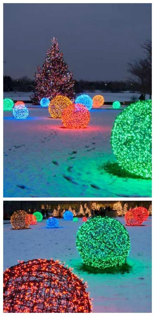 christmas light balls in the snow with text overlay that reads how to make christmas light balls