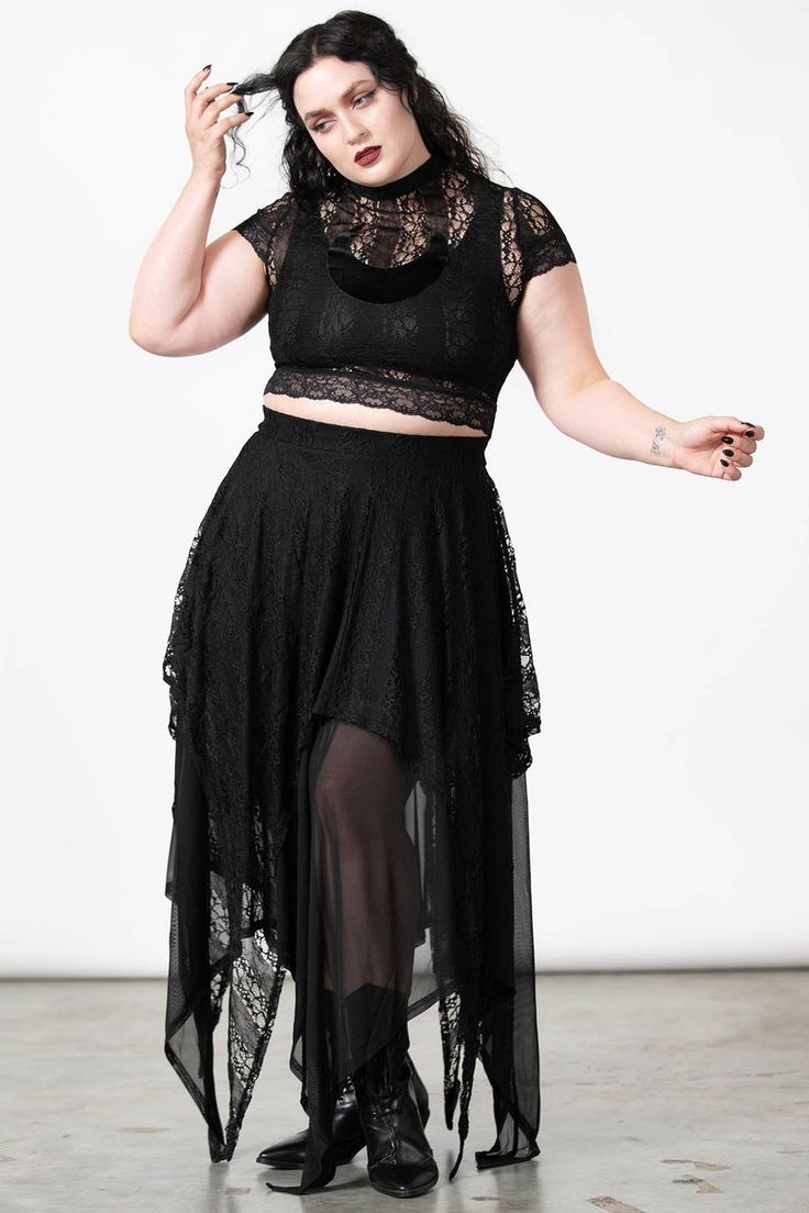 LUNAR LAYERS.- Stretch, lace and mesh fabric.- Statement layered effect.- Hanky hem.- High waisted.- Elasticated waist.- Fitted.Model is 5ft 5 and wears a size L.with KILLSTAR branding, 92% Polyester, 8% Elastane. Whimsical Goth Fashion Plus Size, Plus Size Gothic Fashion, Witchy Closet, Wiccan Style, Dragon Clothes, Goth Barbie, Witchy Clothes, Goth Wardrobe, Killstar Clothing