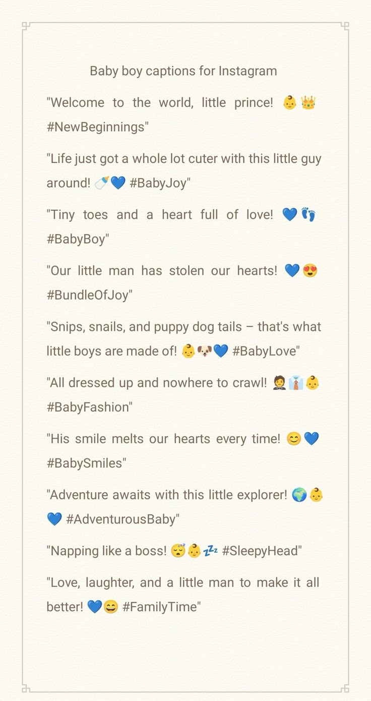 the baby caption for instagrams is shown in blue and white with emoticions on it