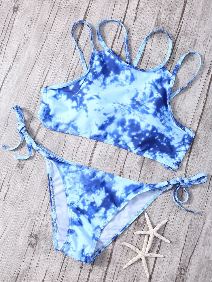 Bikinis | Blue High Neck Printed Criss Back Bikini Set For Women - Gamiss Cute Swim Suits, Watt Pad, Swimming Costumes, Spring Trends Outfits, Cheap Swimsuits, Swimwear Store, Beach Clothes, Swimwear Online, Retro Clothing