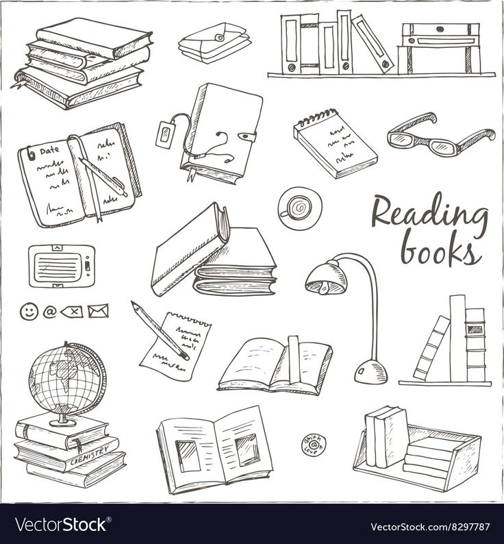 hand drawn books and other items on a white background with the words reading books written in black