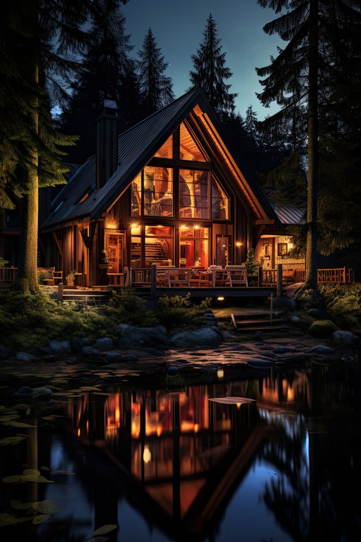 a log cabin lit up at night with the lights on and reflecting in the water