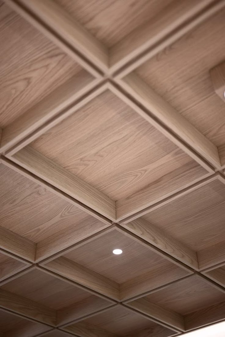 a ceiling with wooden paneling and lights