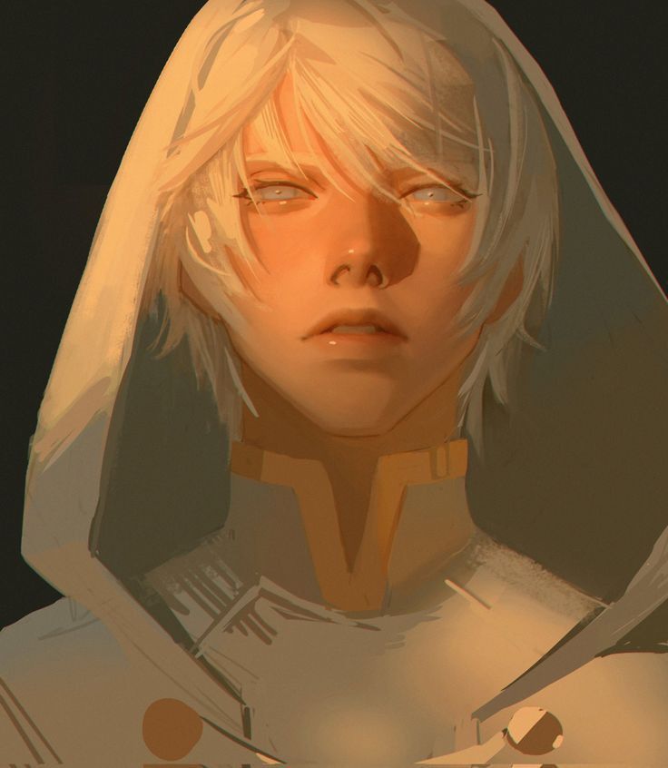 an anime character with blonde hair and blue eyes wearing a white hood over her head