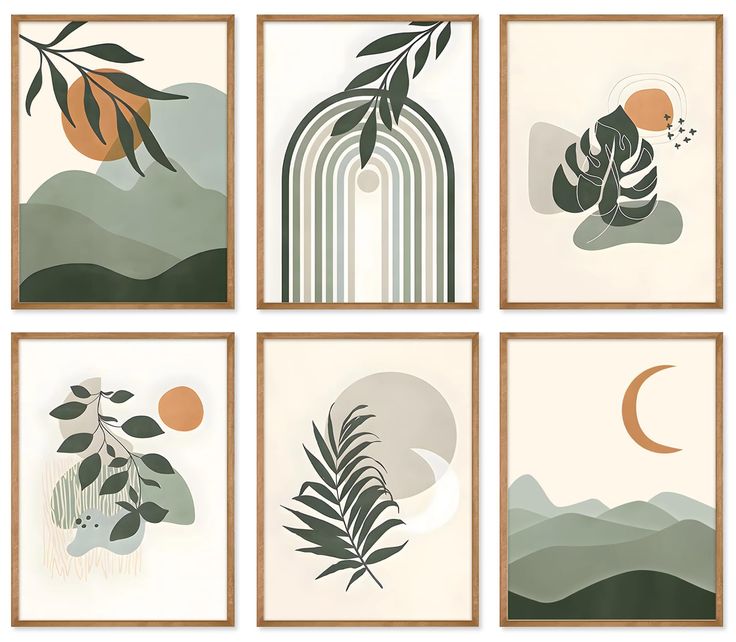 four framed art prints with plants and mountains in them