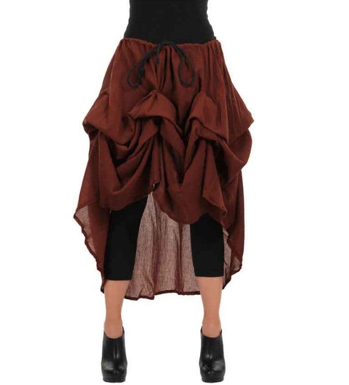 a woman wearing a brown skirt with ruffles on the bottom and black top