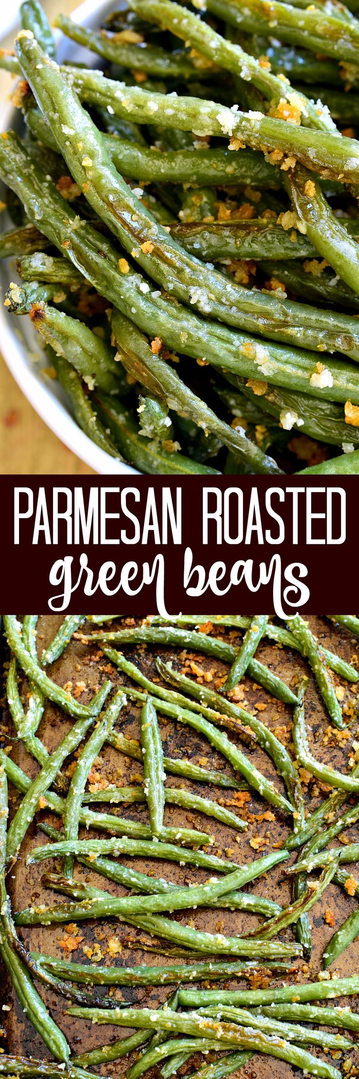 green beans with parmesan roasted on top in a white bowl and the same side dish