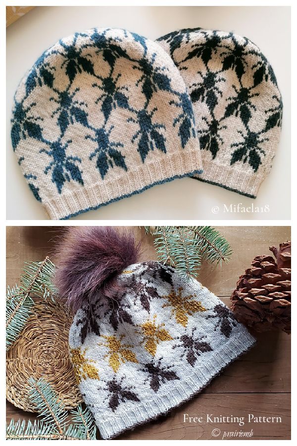 two knitted hats sitting on top of a wooden table next to pine cones and needles