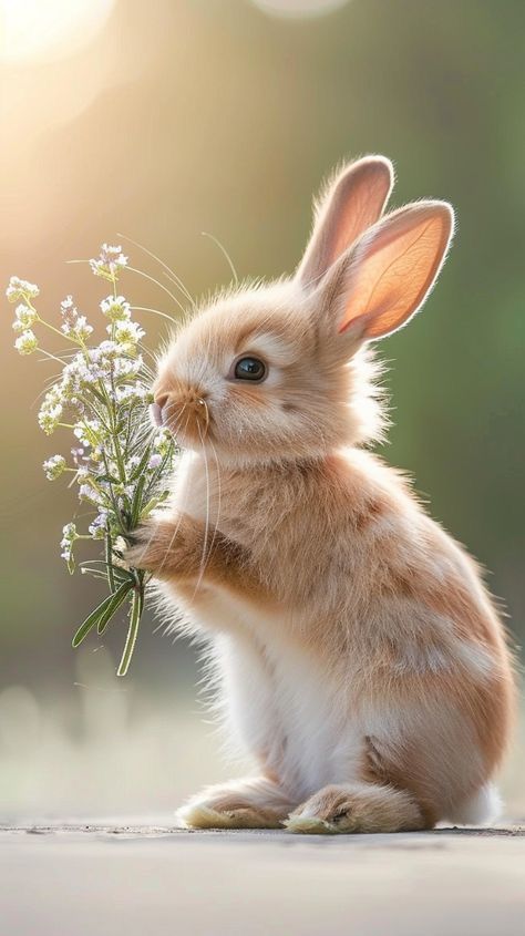 a small rabbit holding a bunch of flowers in its mouth while sitting on the ground