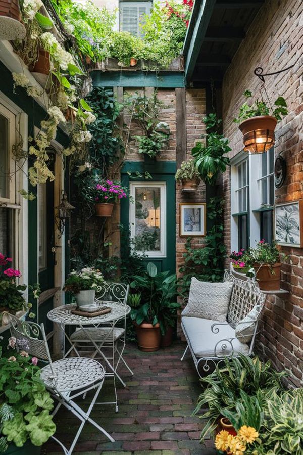 an alleyway with potted plants and chairs