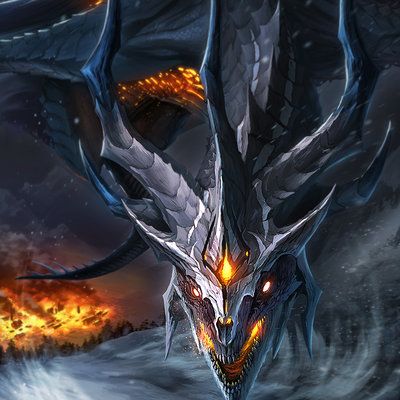 a dragon with glowing eyes is flying through the air in front of fire and water