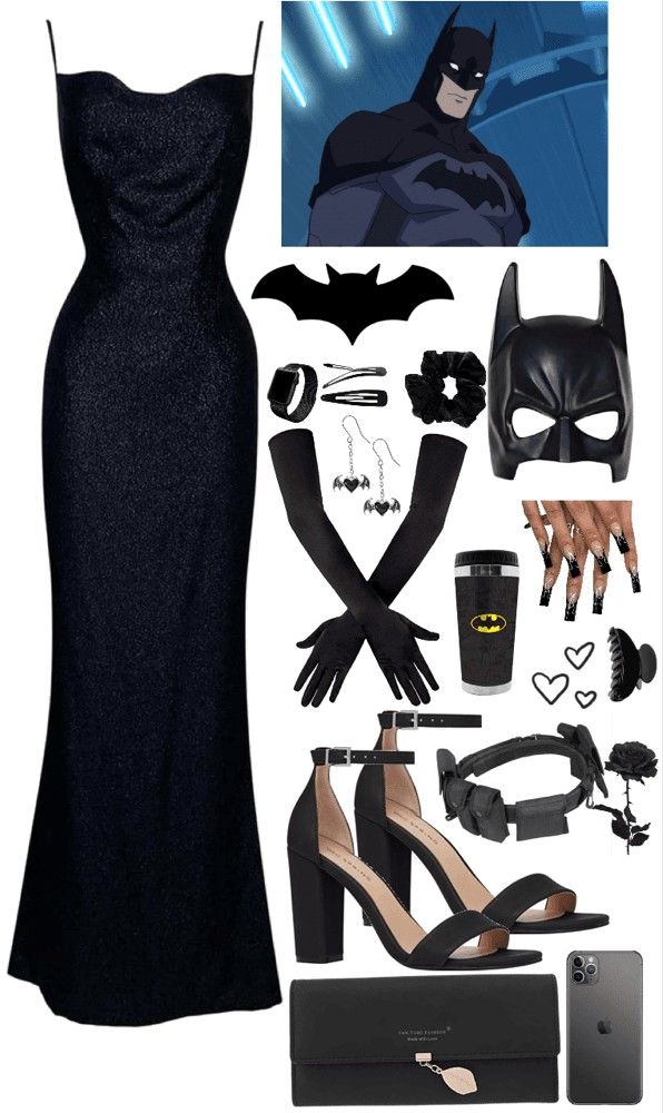 a woman in a black dress and accessories including shoes, gloves, batman mask, coffee mug