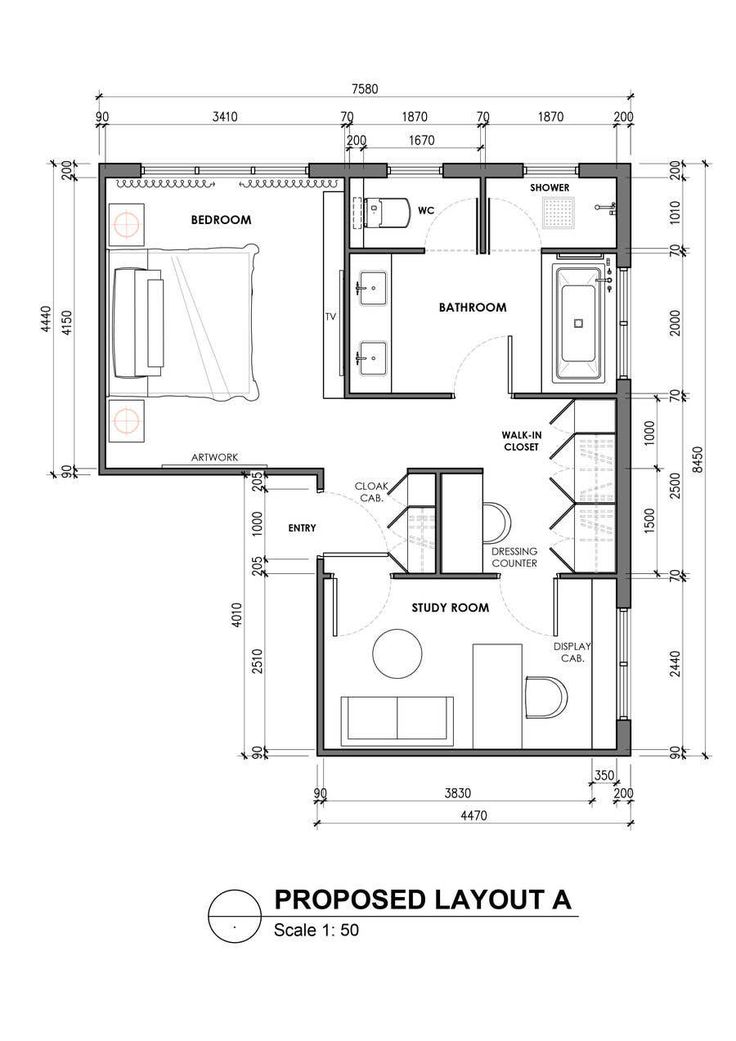 the floor plan for a two bedroom apartment with an attached bathroom and living room area