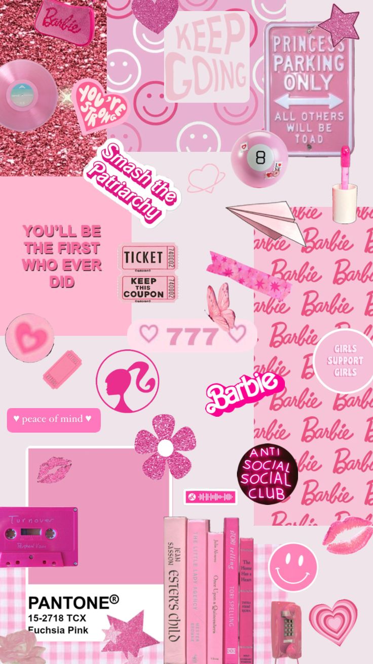 pink and white collage with lots of stickers