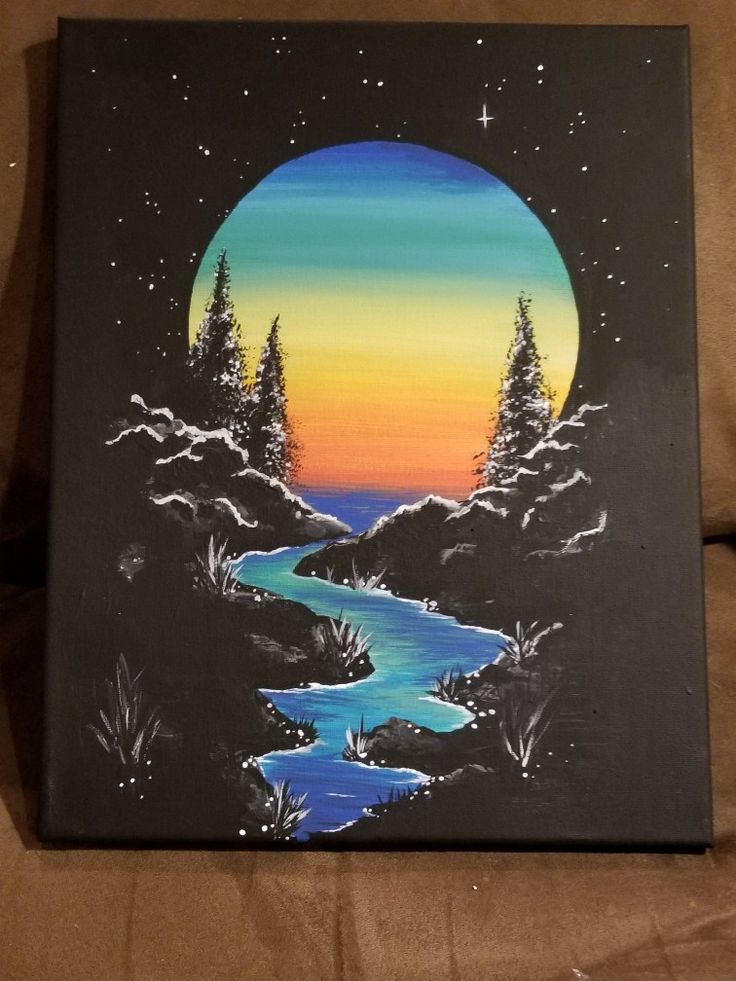 a painting of a river and trees in the night