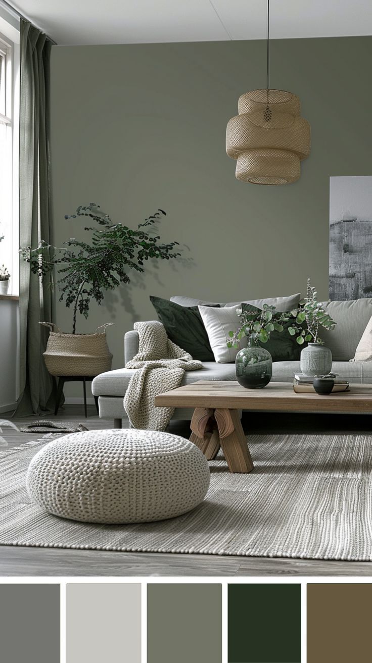 a living room filled with furniture and lots of greenery in shades of grey, brown, green