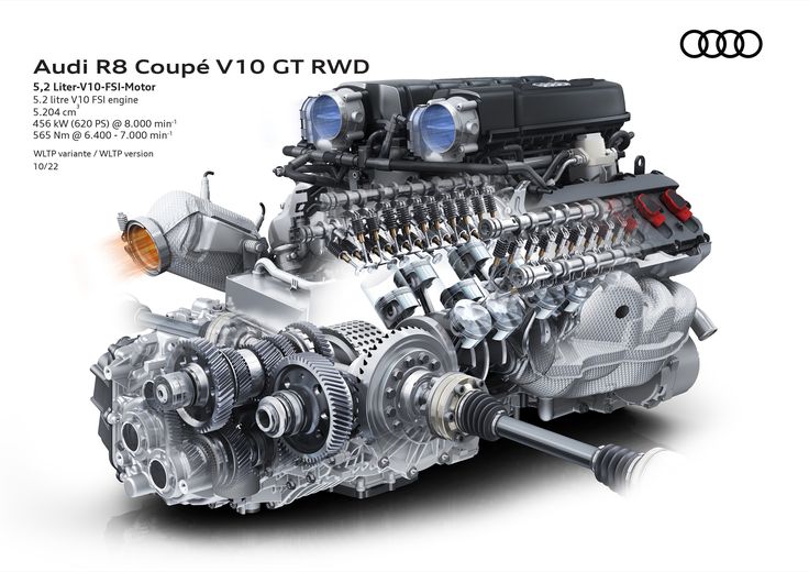 the audi r8 coupe v10 gtrwd engine is shown in this brochure