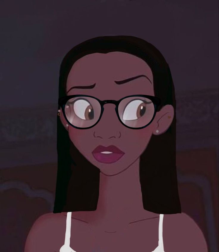 an animated woman with glasses on her face and dark hair, wearing a white tank top