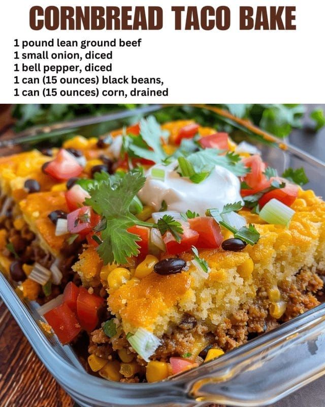 cornbread taco bake recipe in a glass dish