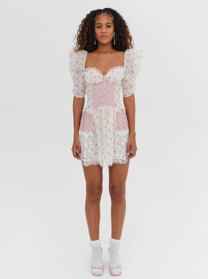 Francine Mini Dress — Pink | For Love & Lemons Crop Top Swimwear, Mini Dress Pink, Hemant And Nandita, Pink Mini Dress, Lace Trims, Patchwork Dress, Little White Dresses, Pink Mini, Pink Mini Dresses