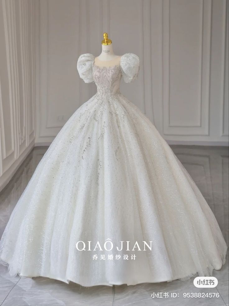 a white ball gown with puffy sleeves on display