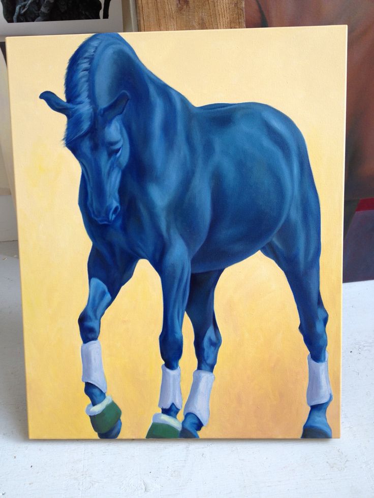 a painting of a blue horse with white socks on it's feet, standing in front of a yellow background